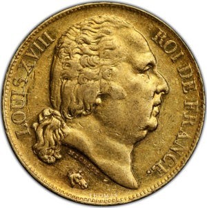 20 francs or louis xviii 1820 Q PCGS AU 55 avers
