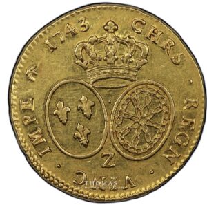 Gold double louis or bandeau 1743 Z grenoble louis xv reverse