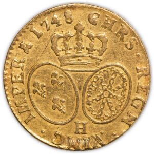 Gold Louis or bandeau louis xv 1748 H V inverted reverse