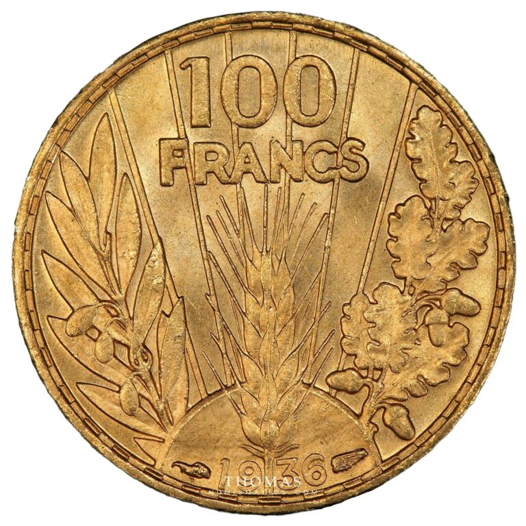 Gold 100 francs or bazor 1936 pcgs ms 64 plus reverse