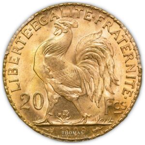 Gold 20 francs or marianne pcgs ms 67 1909 A paris reverse