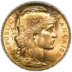 Gold 20 francs or marianne pcgs ms 67 1912 A paris obverse