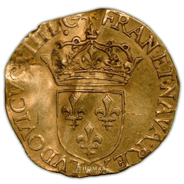 Louis XIII ecu or soleil frappe marteau 1633 B Rouen avers