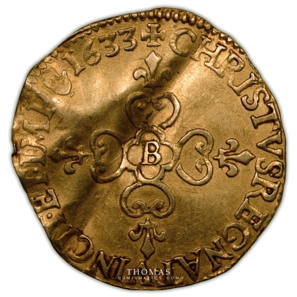 Louis XIII ecu or soleil frappe marteau 1633 B Rouen revers