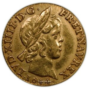Gold Louis xiv demi louis or meche courte 1644 D Lyon obverse