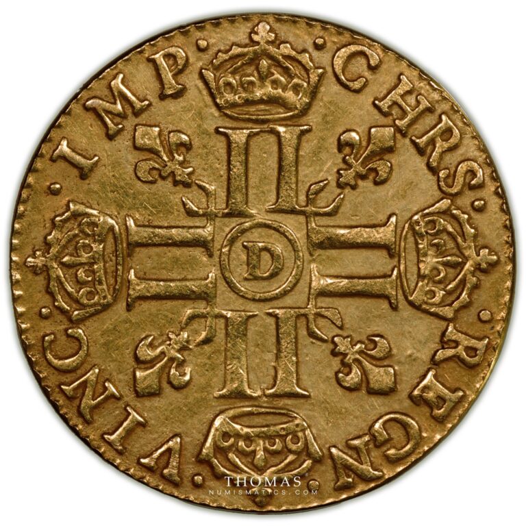 Gold Louis xiv demi louis or meche courte 1644 D Lyon reverse