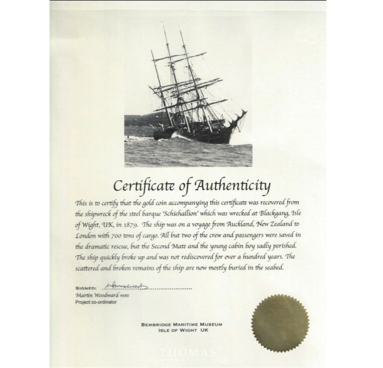 Gold 1844 half sovereign Schiehallion shipwreck obverse NGC VG10 certificate