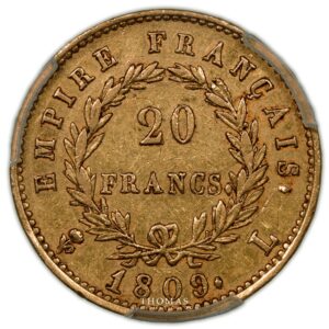 gold Napoleon I 20 francs or 1809 L Bayonne reverse