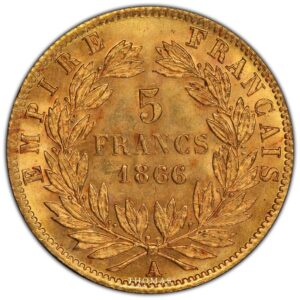 5 francs or 1866 A Napoleon III revers PCGS MS 63 reverse gold