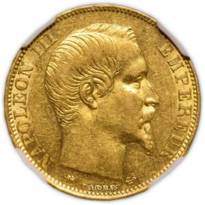 Gold - 20 Francs or Napoleon III 1855 D var little lion NGC AU 58