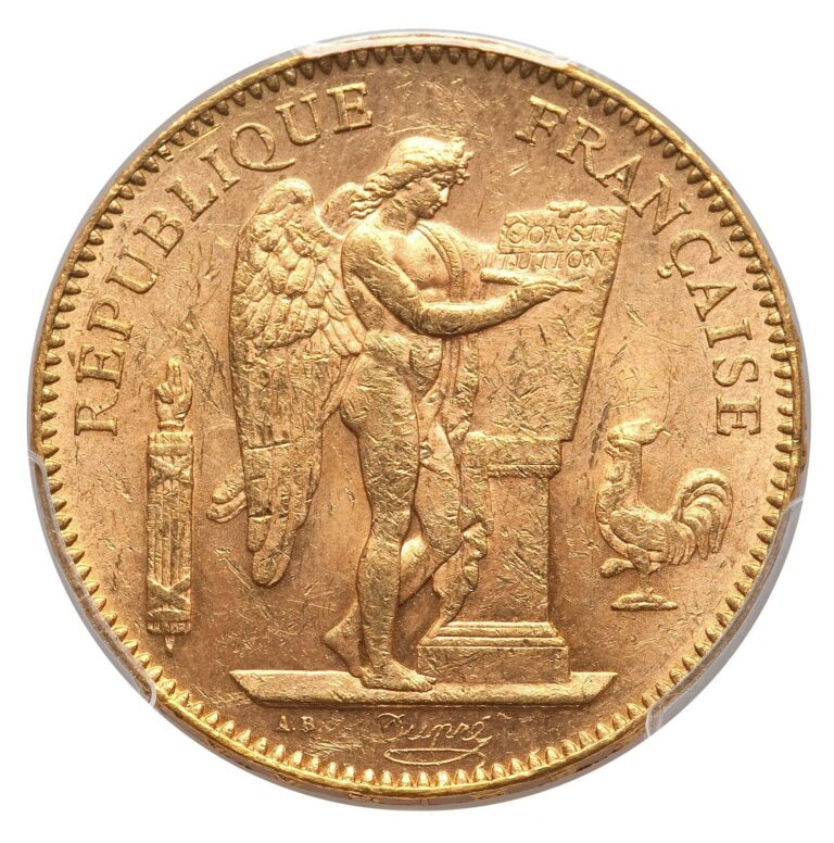superb gold 50 francs or genie rive or collection PCGS MS 62 obverse