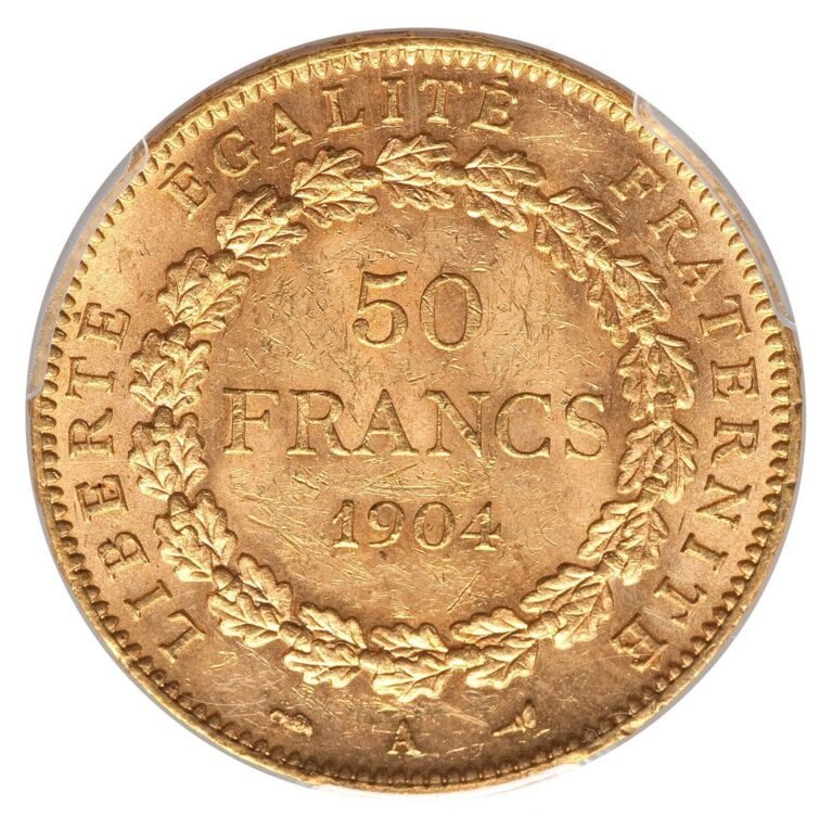 superb gold 50 francs or genie rive or collection PCGS MS 62 reverse