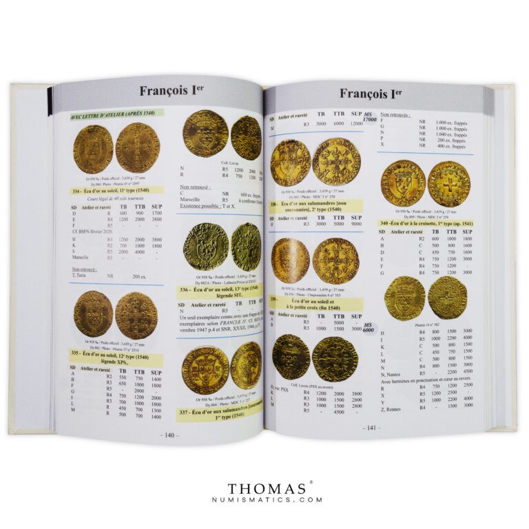 Pages intérieures du livre de cotation Gadoury sur les monnaies royales de Louis XI à Henri IV