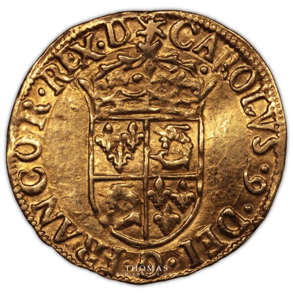 Charles IX – gold  Écu d’or au soleil du Dauphiné – 1566 Grenoble – 2800 exemplaires obverse