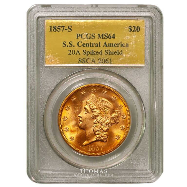 20 dollars gold - 1857 S central america shipwreck PCGS MS 64 obverse