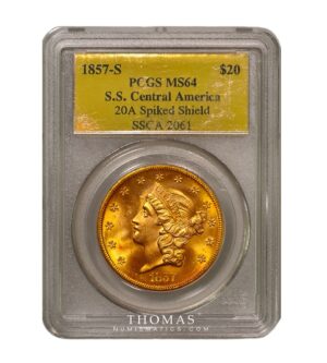 20 dollars gold - 1857 S central america PCGS MS 64 obverse