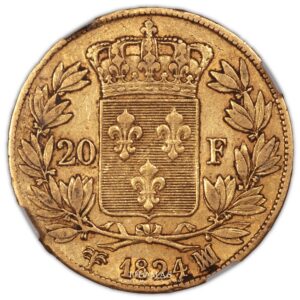 Gold 20 francs or 1824 marseille louis XVIII reverse
