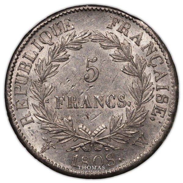 5 francs 1808 W Napoleon I revers
