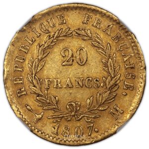 Napoleon I gold 20 francs or 1807 M toulouse reverse
