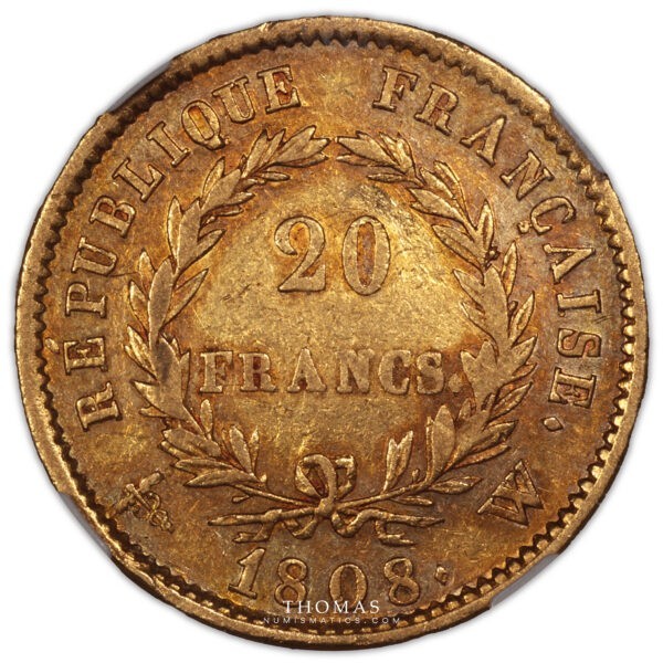 20 francs or 1808 W Lille Napoleon I revers