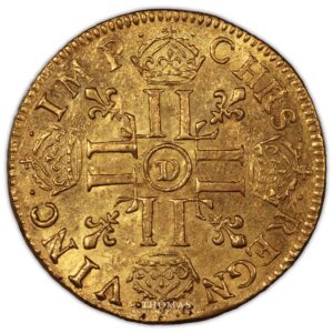 Louis XIV – Gold - Louis d’or à la tête nue – 1672 D Lyon reverse