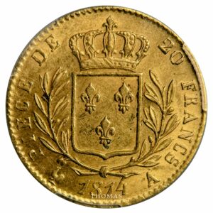 Louis XVIII - 20 Francs or - Buste Habillé - 1814 A Paris - PCGS MS 63 reverse gold