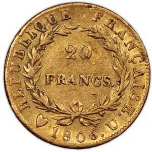 Napoleon I - gold 20 francs or turin 1806 U- reverse