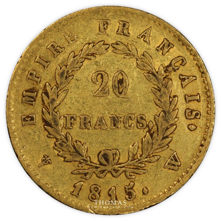 Coin - France Napoleon I Gold 20 Francs or 1815 W Lille Hundred Days - PCGS AU 50 reverse