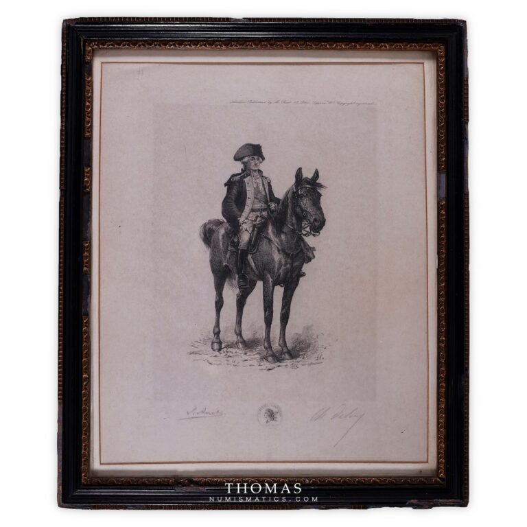 Gravure du général Washington à cheval par Ruet