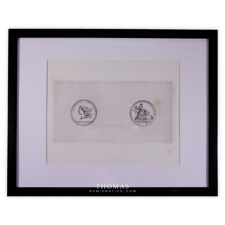 engraving plate of a Libertas Americana medal, housed in a modern plastic frame