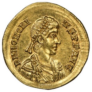 gold roman coin honorius solidus milan NGC MS obverse