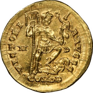 gold roman coin honorius solidus milan NGC MS reverse
