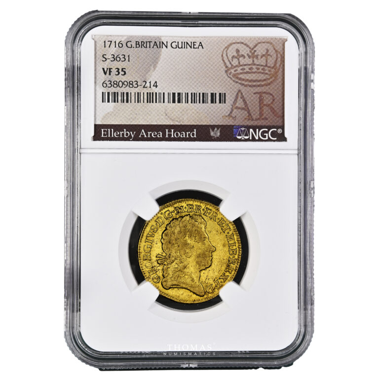 Monnaie – Grande-Bretagne George I Guinée or 1716 – NGC VF 35 – Trésor Ellerby area Hoard-Slab