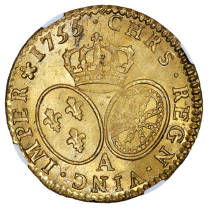 Monnaie - France Louis XV - Louis d'or au bandeau 1755 A - Trésor de la rue Mouffetard - NGC MS 63-Revers