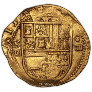 Coin - Spain - Felipe II– gold cob 4 escudos– Sevilla- Kempen Treasure Hoard obverse