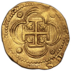 Coin - Spain - Felipe II– gold cob 4 escudos– Sevilla- Kempen Treasure Hoard reverse