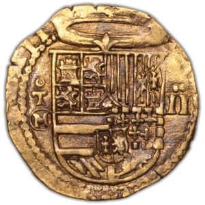 Coin - Spain - Felipe II– gold cob 2 escudos– Toledo- Kempen Treasure Hoard obverse