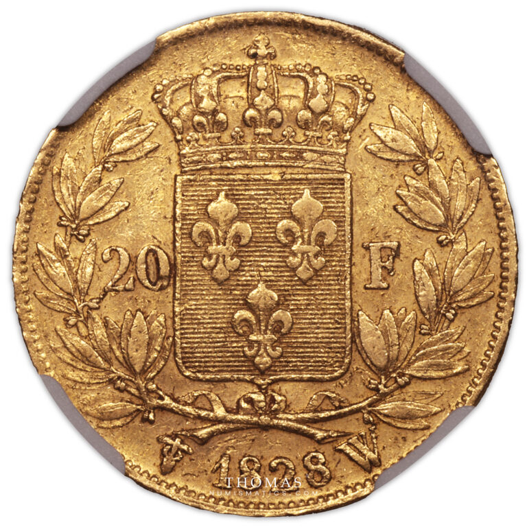 Gold 20 francs or charles X 1828 W NGC AU 53 reverse