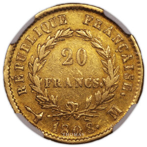 gold napoleon I 20 francs or 1808 M toulouse corne reverse