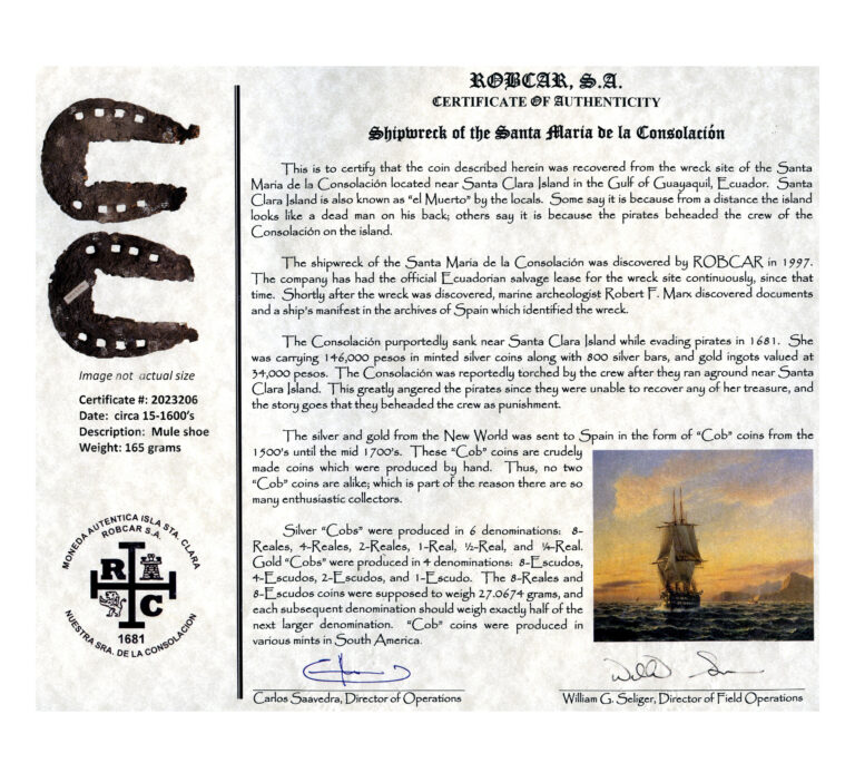 certificate Consolacion Shipwreck iron Mule Shoe ND (ca. 1500-1600s)-3