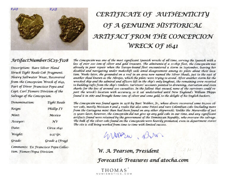 cob 8 reales concepcion certificate shipwreck