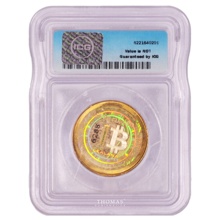 cryptocurrency - Bitcoin - 2013 Lealana 0.1 BTC - ICG MS 68 - Copper reverse