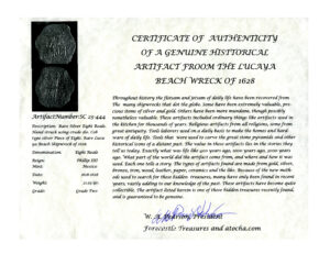 Philip IV Lucayan Beach Cob 8 Reales certificate