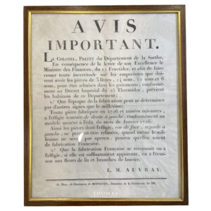 Cadre Ancien - Colonel Auvray préfet de la Sarthe de l'an XII - identification des anciennes pièces de 1726