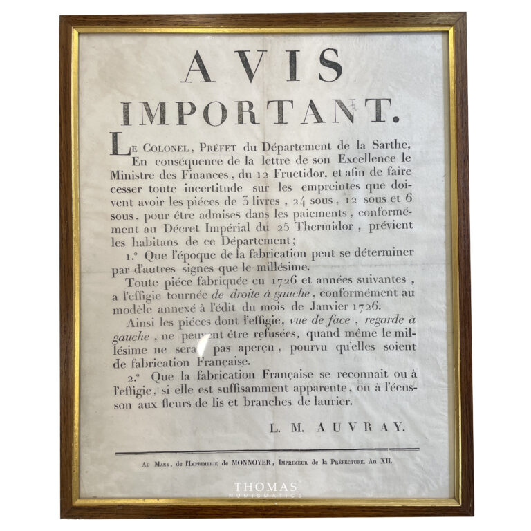 Old frame - Colonel Auvray Prefect an XII - Important notice coins 1726