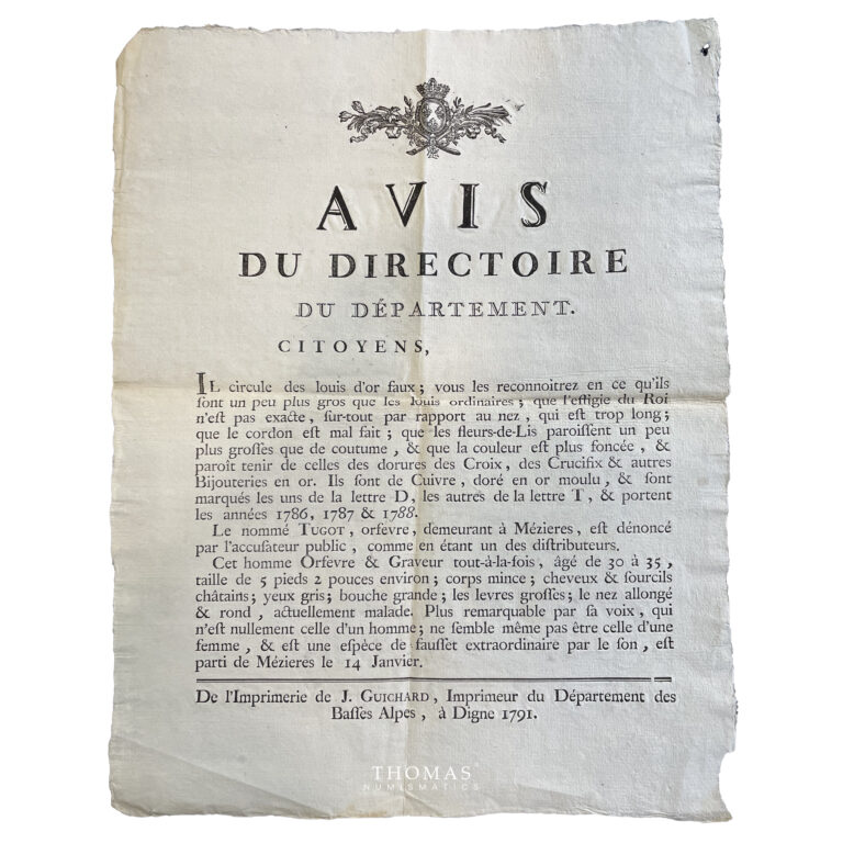 Old document - Notice - fake gold Louis d'or - 1791