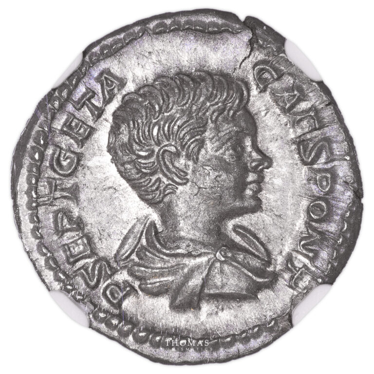 Coin - Roman Empire - Geta 198-212 - Denarius 200-202 Roma - NGC AU 5/5 3/5 obverse