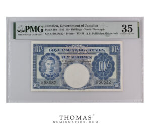 Billet - Jamaïque George VI - 10 Shillings - 1-11-1940 - Serie C:10 - PMG Choice VF 35 - Trésor naufrage SS politician avers
