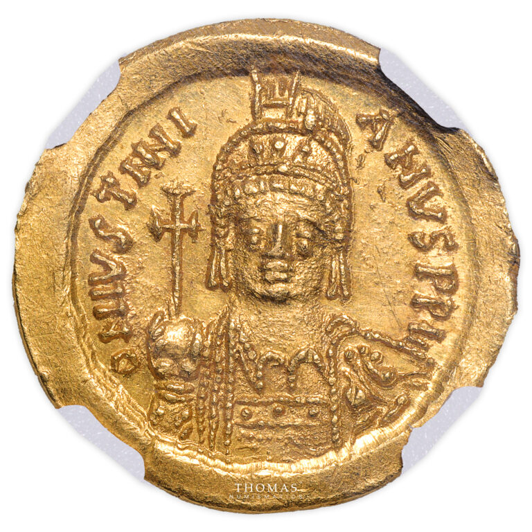 Coin - Byzantine Empire - Gold Solidus Justinian I - NGC MS 5/5 4/5 obverse