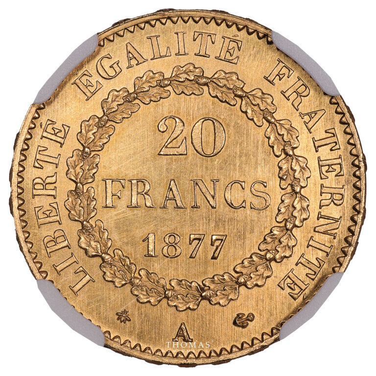 Coin - France Génie - Gold - 20 Francs Or - 1877 A Paris - NGC Proof Details cleaned reverse